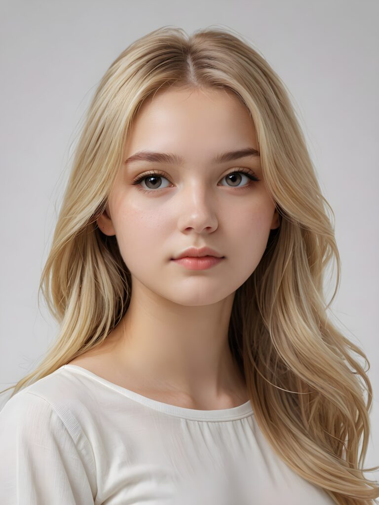 a (((super realistic teenage girl))) with long, straight, (((blond hair))) that cascade down her elegant yet (((attractive face))) and frame a (((realistically detailed angelic round face))) that seems to convey a sense of melancholy in a (((perfectly curved portrait shot))), standing against a (((barely there)) white backdrop)