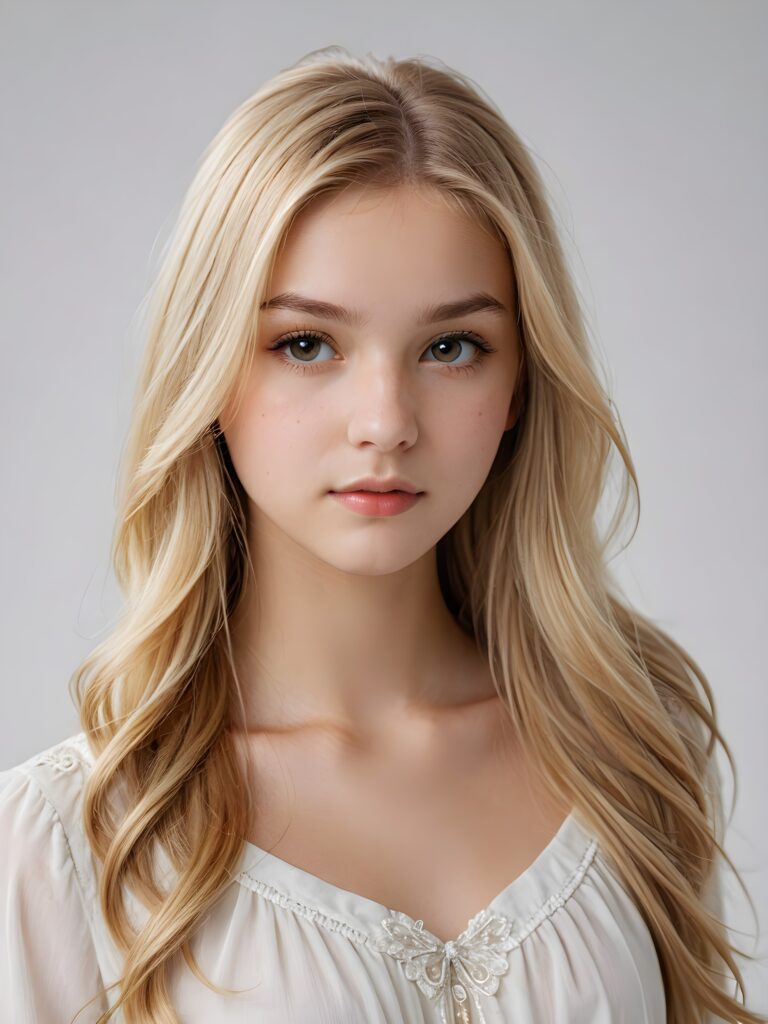 a (((super realistic teenage girl))) with long, straight, (((blond hair))) that cascade down her elegant yet (((attractive face))) and frame a (((realistically detailed angelic round face))) that seems to convey a sense of melancholy in a (((perfectly curved portrait shot))), standing against a (((barely there)) white backdrop)