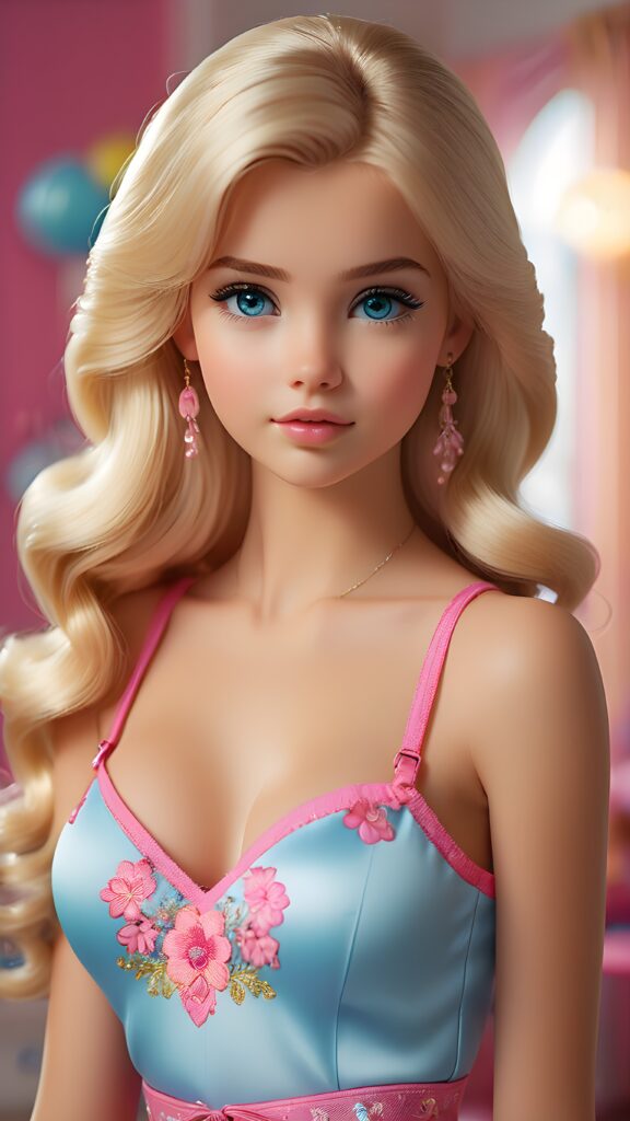 a sweet, young teen girl looks seductively at the viewer. She is lightly dressed, has blonde hair and blue eyes, ((gorgeous)) ((stunning)) ((perfect, detailed photo)) ((perfect curved body)), she is standing in her room, decorated in Barbie style