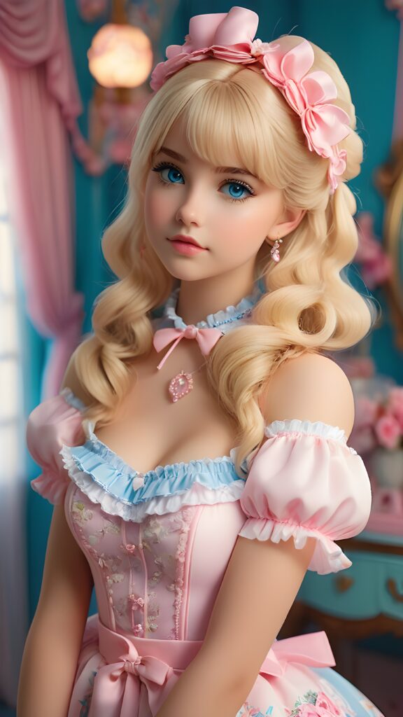 a sweet, young girl in Lolita style looks seductively at the viewer. She is lightly dressed, has blonde hair and blue eyes, ((gorgeous)) ((stunning)) ((perfect, detailed photo)) ((perfect curved body)), she is standing in her room, decorated in Barbie style