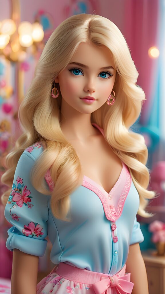 a sweet, young teen girl looks seductively at the viewer. She is lightly dressed, has blonde hair and blue eyes, ((gorgeous)) ((stunning)) ((perfect, detailed photo)) ((perfect curved body)), she is standing in her room, decorated in Barbie style