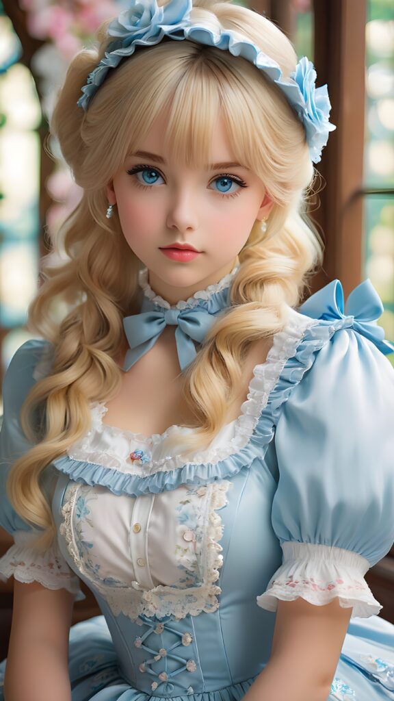 a sweet, young girl in Lolita style looks seductively at the viewer. She is lightly dressed, has blonde hair and blue eyes, ((gorgeous)) ((stunning)) ((perfect, detailed photo)) ((perfect curved body))