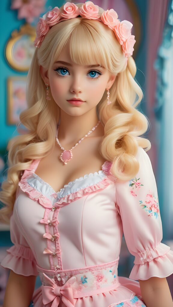 a sweet, young girl in Lolita style looks seductively at the viewer. She is lightly dressed, has blonde hair and blue eyes, ((gorgeous)) ((stunning)) ((perfect, detailed photo)) ((perfect curved body)), she is standing in her room, decorated in Barbie style