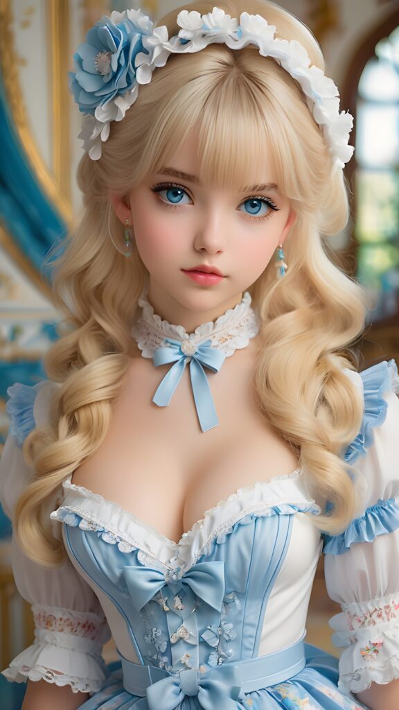 a sweet, young girl in Lolita style looks seductively at the viewer. She is lightly dressed, has blonde hair and blue eyes, ((gorgeous)) ((stunning)) ((perfect, detailed photo)) ((perfect curved body))