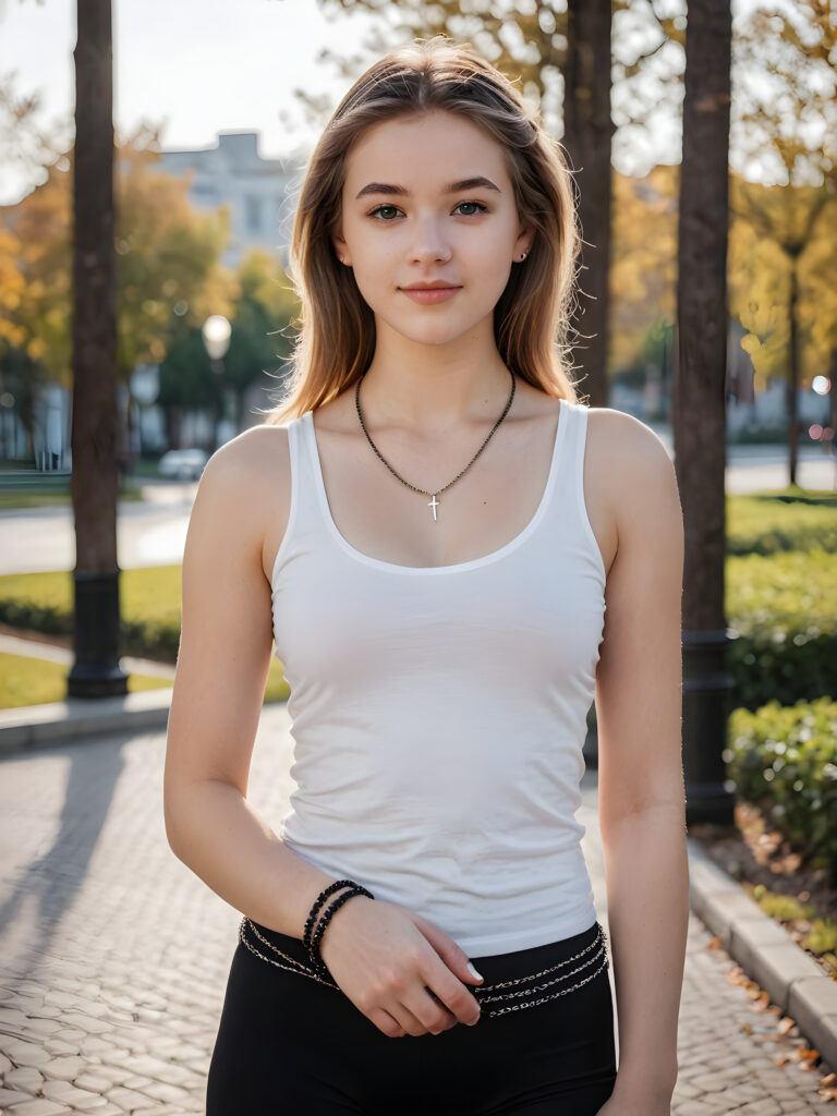 A (((teen girl))) dressed in a sleek ((white tank top)) and a delicate ((small chain around her neck)), along with ((black tights)), posing confidently for the camera, exuding (((stunning beauty))) and (((flawless detail))), with a (((perfectly curved body))).