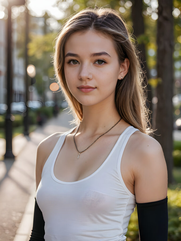 A (((teen girl))) dressed in a sleek ((white tank top)) and a delicate ((small chain around her neck)), along with ((black tights)), posing confidently for the camera, exuding (((stunning beauty))) and (((flawless detail))), with a (((perfectly curved body))).