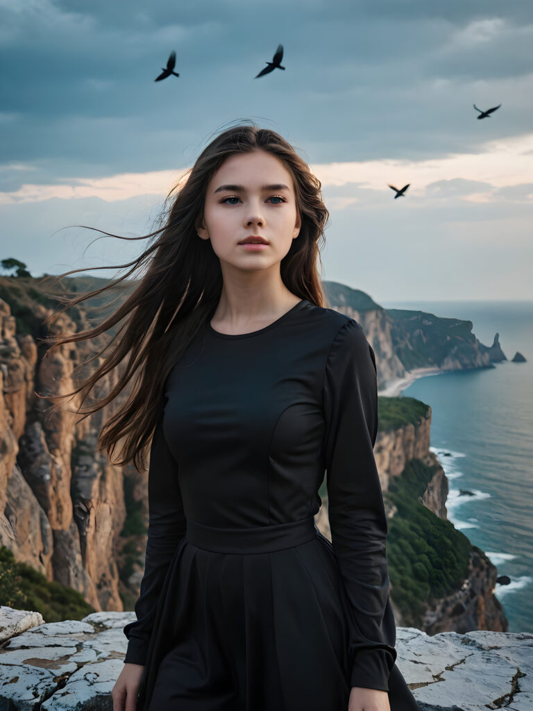 a (((young, beautiful teen girl))), dressed in sleek, ((black clothes)), standing confidently on a (ominous, dark cliff), with her luxurious, (full hair) flowing gently in the wind around her, reflecting the (serene, distant landscape) below. Her features are (exquisite), as if captured by a master artist, and her figure is (flawless). Distant birds dot the (clear, blue sky) above, adding a touch of serendipity to this (powerful moment).