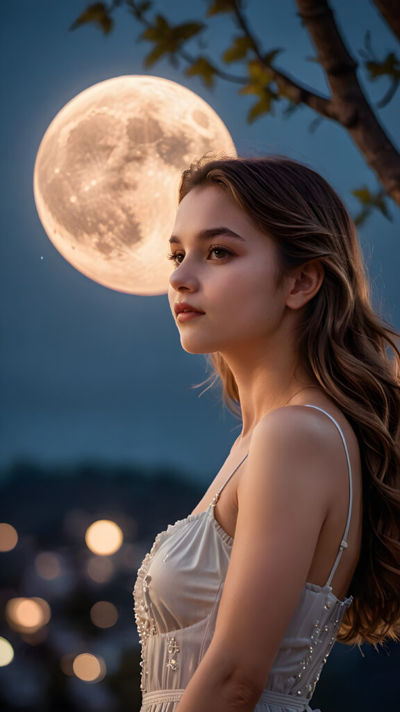 a (((young girl))) with an unparalleled, (((stunning figure))), gazing serenely under a (((softly glowing moon))), set against a (((dimly lit backdrop))), exuding an ethereal beauty that defies description, wears a white nightdress