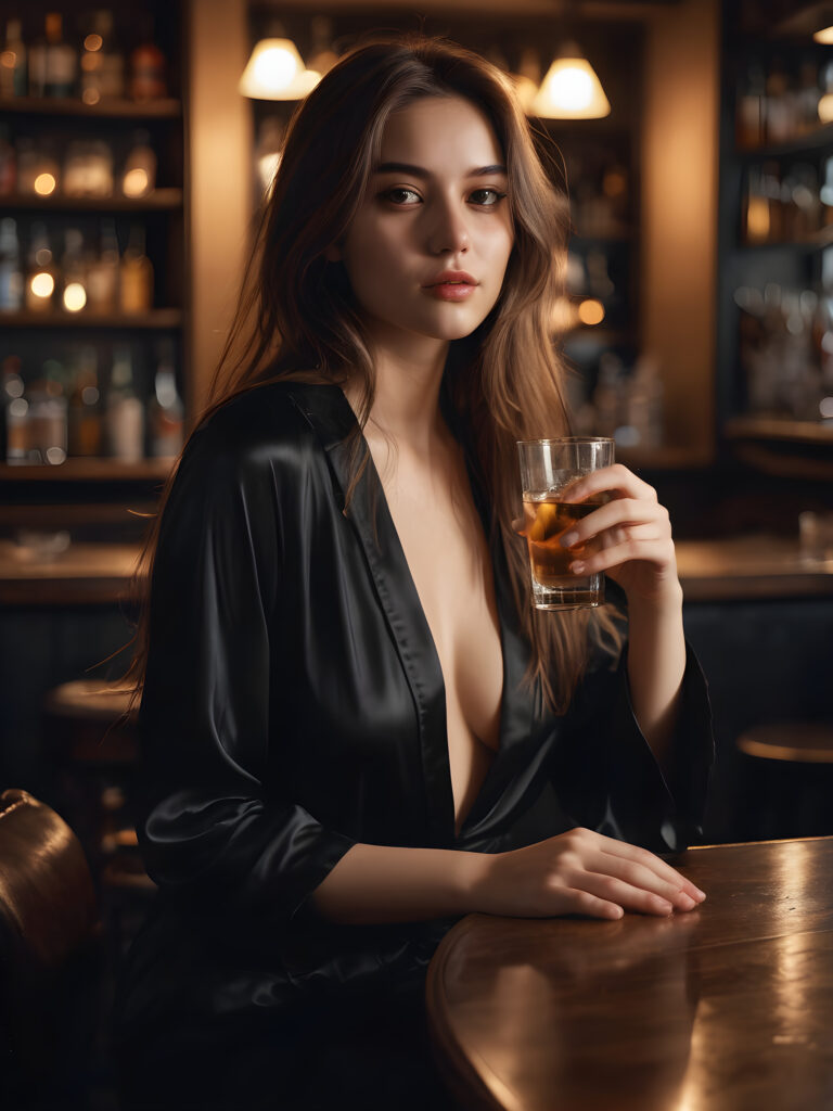 a young, pretty girl sits alone in a bar. Elegantly dressed in black thin night suit. She has a drink in front of her and looks seductive. She has long hair. A peaceful atmosphere. Light falls into the picture.