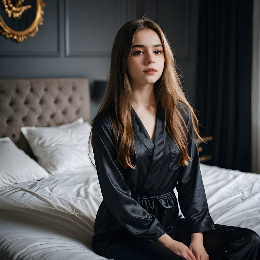 a young, pretty girl waits alone on an big bed in a luxurious apartment. Elegantly dressed in black thin night suit made of silk. She has long hair. A peaceful atmosphere. Light falls into the picture.