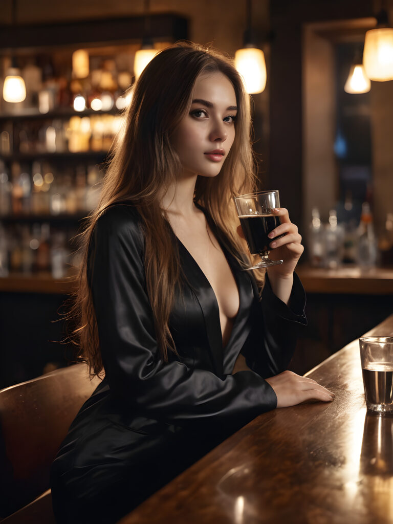 a young, pretty girl sits alone in a bar. Elegantly dressed in black thin night suit. She has a drink in front of her and looks seductive. She has long hair. A peaceful atmosphere. Light falls into the picture.