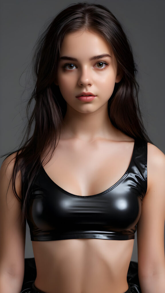 a young, pretty teen girl in in an bed, dressed in black short crop top made of latex. She has long hair. (detailed, realistic photo), empty background