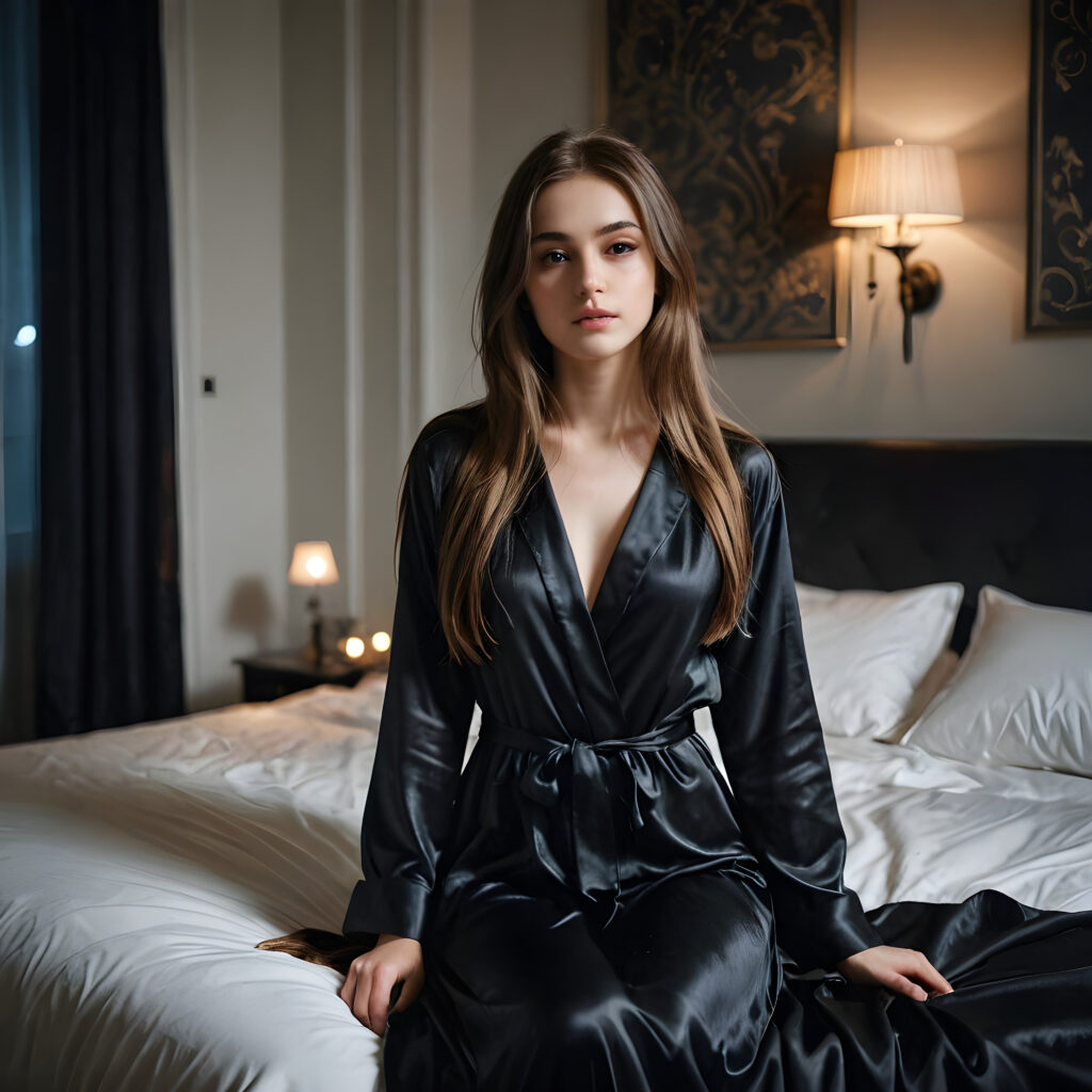 a young, pretty girl waits alone on an big bed in a luxurious apartment. Elegantly dressed in black thin night suit made of silk. She has long hair. A peaceful atmosphere. Light falls into the picture.