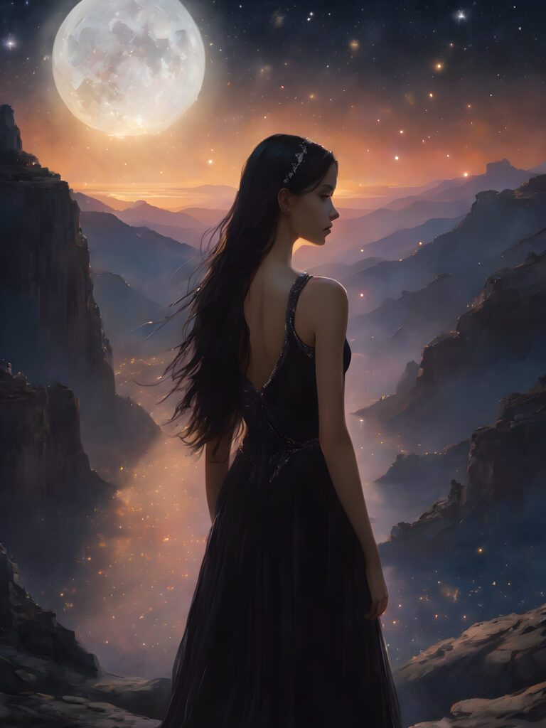A (((young teen girl with long, flowing black hair))), dressed in a (((black dress with shimmering silver accents))), standing still as she takes in a (((night sky alive with twinkling stars))), her expression a mix of tranquility and introspection, as if lost in reverie, perched atop a (massive, jagged rock formation) under a (vast, glowing crescent moon).