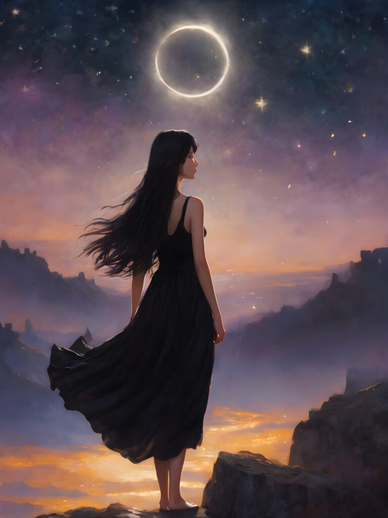 A (((young teen girl with long, flowing black hair))), dressed in a (((black dress with shimmering silver accents))), standing still as she takes in a (((night sky alive with twinkling stars))), her expression a mix of tranquility and introspection, as if lost in reverie, perched atop a (massive, jagged rock formation) under a (vast, glowing crescent moon).