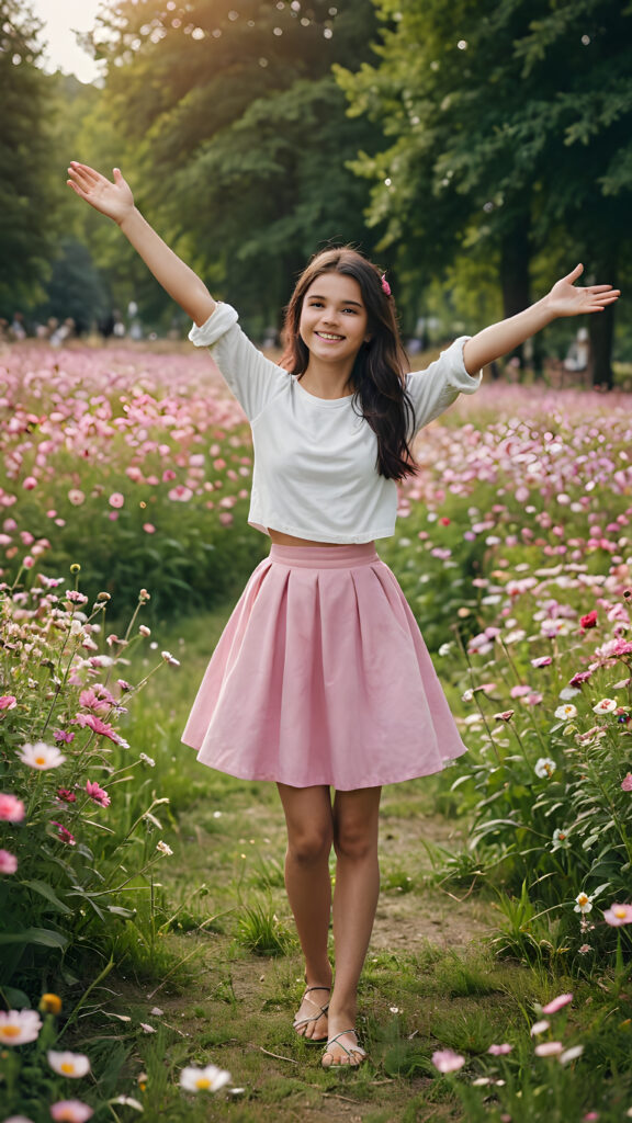 a young teen girl stands on the flower meadow in the park. Her arms are outstretched. She has dark hair and is smiling. She wears a round pink skirt.