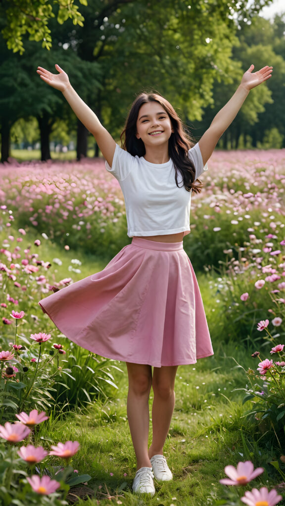 a young teen girl stands on the flower meadow in the park. Her arms are outstretched. She has dark hair and is smiling. She wears a round pink skirt.
