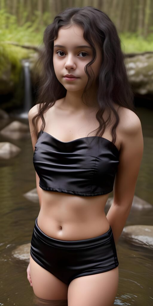 a beautiful, young girl stands up to her stomach in a natural spring and looks embarrassed into the camera. Her black, wavy hair falls over her upper body. She is wearing a thin silk crop top