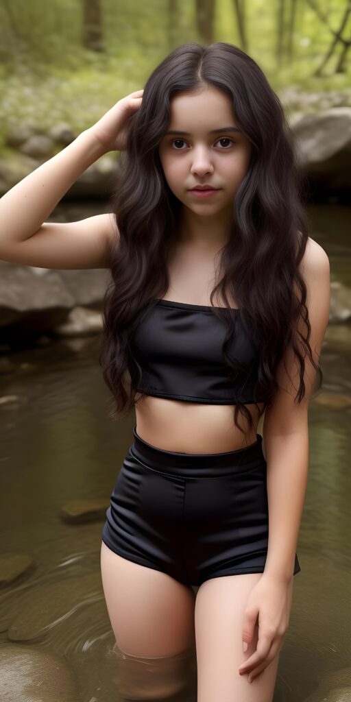 a beautiful, young girl stands up to her stomach in a natural spring and looks embarrassed into the camera. Her black, wavy hair falls over her upper body. She is wearing a thin silk crop top