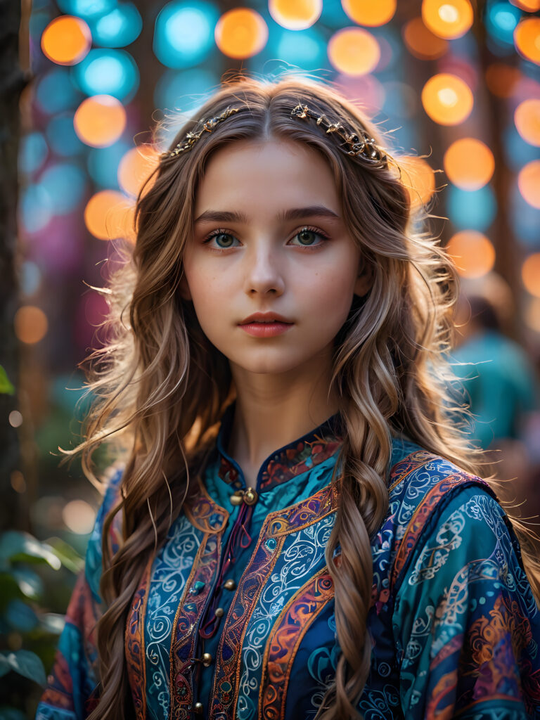 An ethereal (((young girl))), with flowing hair and facial features that convey a sense of otherworldliness, dressed in a ((fantastically detailed outfit)), surrounded by (mysterious patterns and colors) that give off an air of magic and wonder