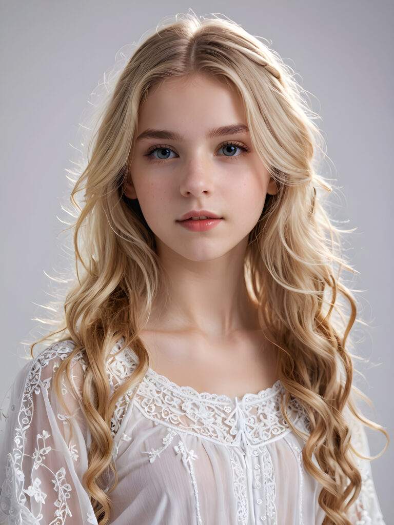 an ethereal (((young detailed teen girl))), with flowing hair and facial features that convey a sense of otherworldliness, dressed in a ((fantastically detailed outfit)), blond hair, perfect body, ((white background))
