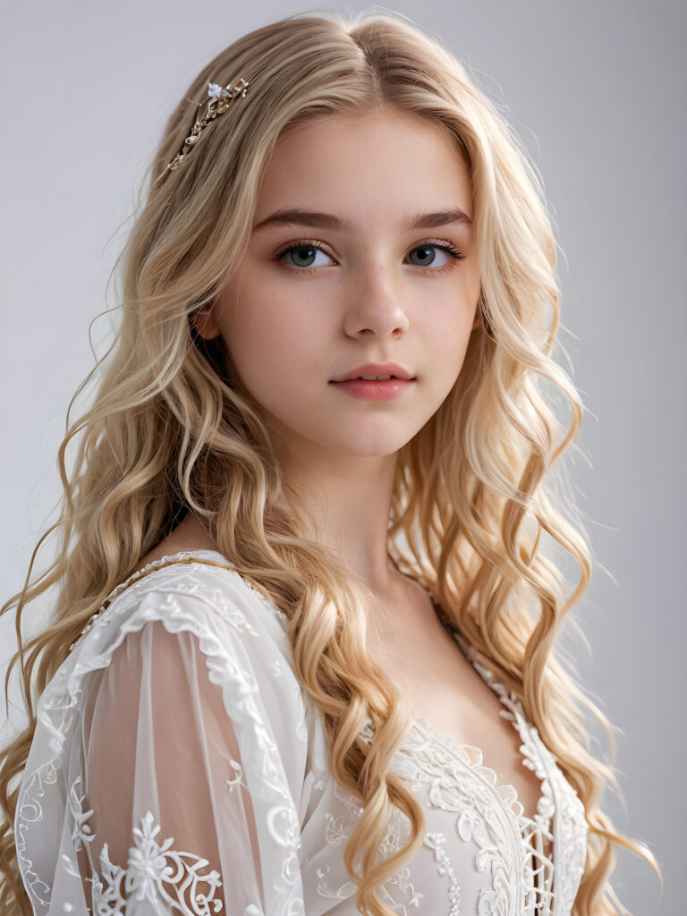 an ethereal (((young detailed teen girl))), with flowing hair and facial features that convey a sense of otherworldliness, dressed in a ((fantastically detailed outfit)), blond hair, perfect body, ((white background))