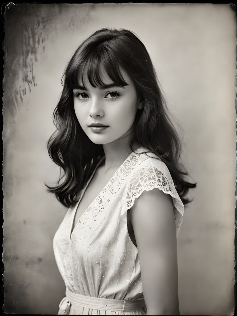 an exquisite (((vintage portrait))) ((black and white)) capturing the timeless essence of a youthful girl, with impeccable features and a flawless upper body, aged 21, elegantly posed before the viewer, her bangs cut in side view, with delicate water stains softly contrasting against the canvas