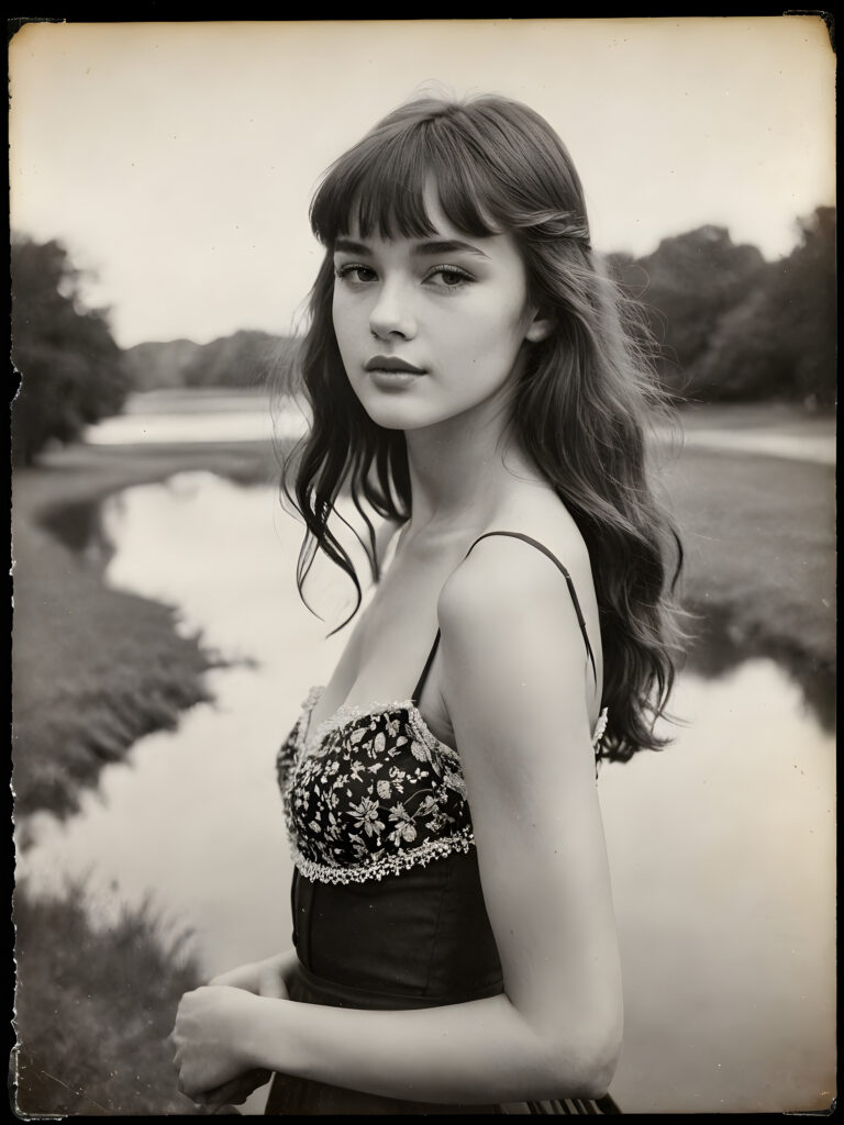an exquisite (((vintage portrait))) ((black and white)) capturing the timeless essence of a youthful girl, with impeccable features and a flawless upper body, aged 21, elegantly posed before the viewer, her bangs cut in side view, with delicate water stains softly contrasting against the canvas