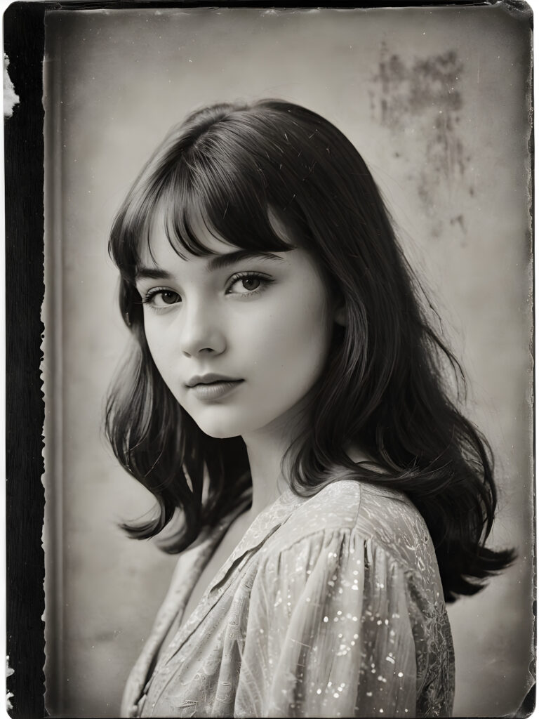 an exquisite (((vintage portrait))) ((black and white)) capturing the timeless essence of a youthful teen girl, with impeccable features and a flawless upper body, aged 16, elegantly posed before the viewer, her bangs cut in side view, framed by a (((gently weathered backdrop))), with delicate water stains softly contrasting against the canvas