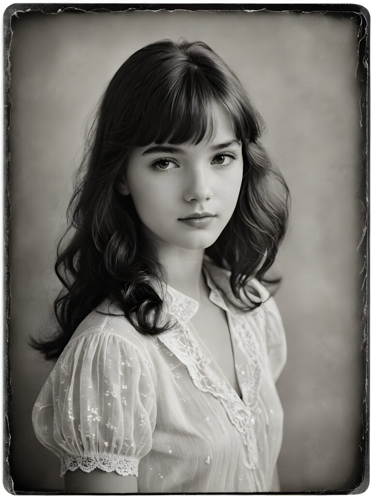 an exquisite (((vintage portrait))) ((black and white)) capturing the timeless essence of a youthful teen girl, with impeccable features and a flawless upper body, aged 16, elegantly posed before the viewer, her bangs cut in side view, framed by a (((gently weathered backdrop))), with delicate water stains softly contrasting against the canvas