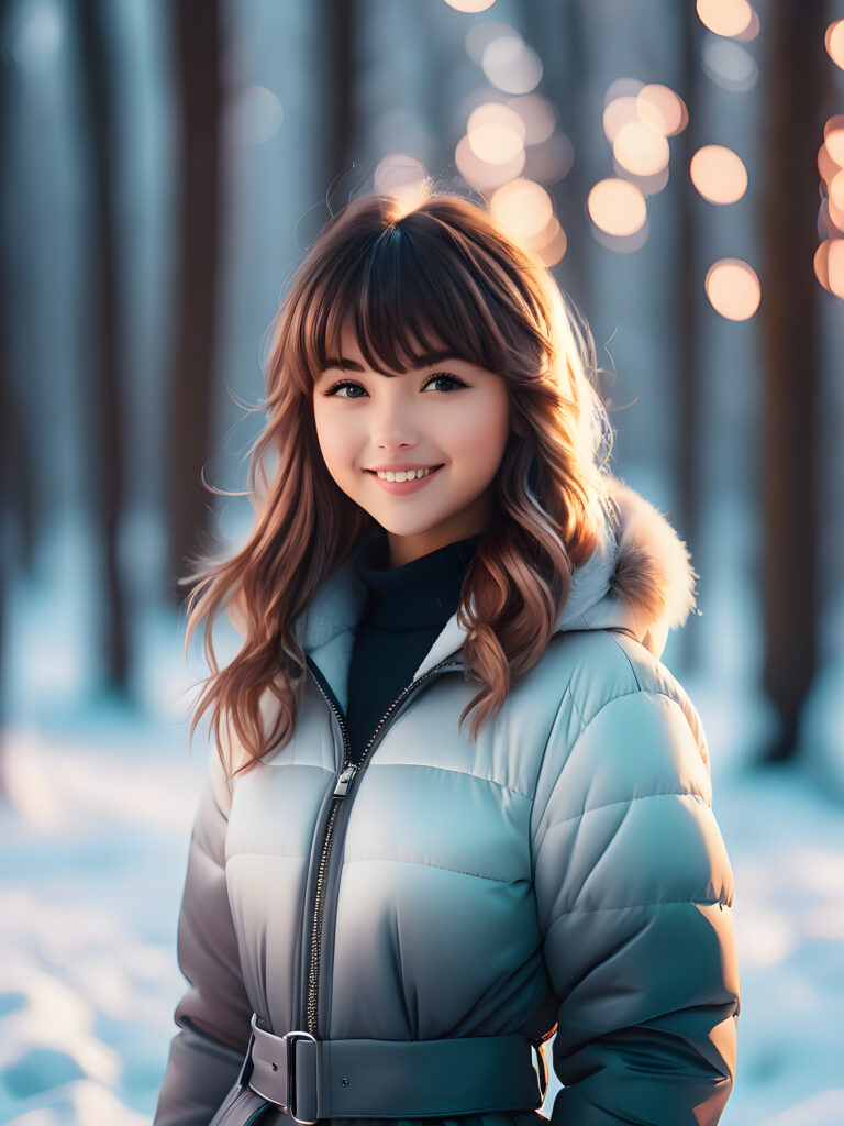 an (((interpretation of winter))) that draws inspiration from the fantastical art of renowned artists, the scene features (((gradient chrome colors))), evoking a stunningly realistic 3D effect. a cute girl with brown hair, bangs cut, stand in front of the viewer, warm smile.