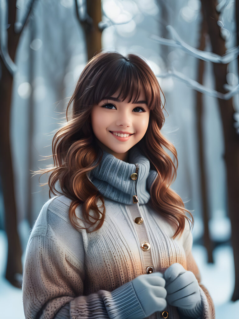 an (((interpretation of winter))) that draws inspiration from the fantastical art of renowned artists, the scene features (((gradient chrome colors))), evoking a stunningly realistic 3D effect. a cute girl with brown hair, bangs cut, stand in front of the viewer, warm smile.