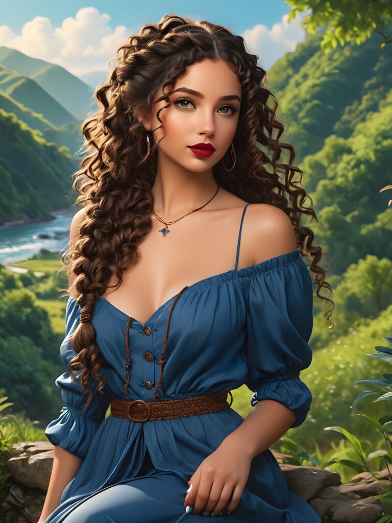 beautiful girl, thin blue dressed, dark brown wavy curly long hair with braids, brown eyes, nature, lipstick, nature photography, HD photography, beautiful landscape, realistic and natural, 8k, digital painting, concept art