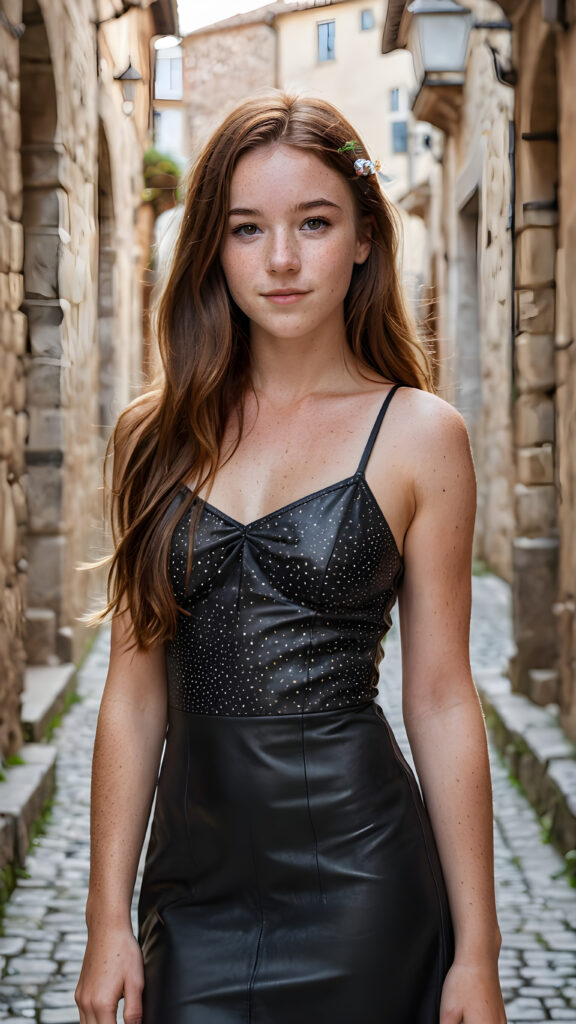 capture a (((vividly detailed portrait))), featuring a (((teen girl with long, brunette hair and freckles))), dressed in a ((miniature camisole and leather-look leggings)), paired with a ((charmingly playful short dress)) ornately detailed in an (ancient city setting)