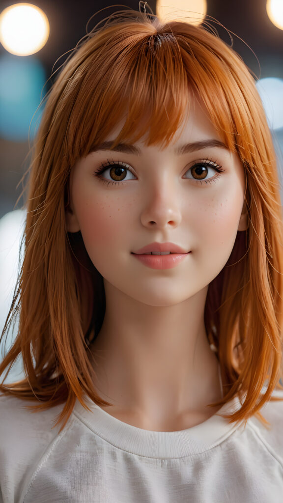 capture an (((ultra detailed, hyper realistic 4K dynamic photograph))), showcasing a (((very cute teen doll girl))) with intricate, (((straight, orange-hued bangs))), detailed eyes, and a joyful expression looking directly into the camera. Her hair flows softly around her face, framing a flawlessly curved silhouette, while (soft, warm) 8K cinematic lighting complements her vivid features. She wears a sleek, cropped top in a crisp, (side profile)