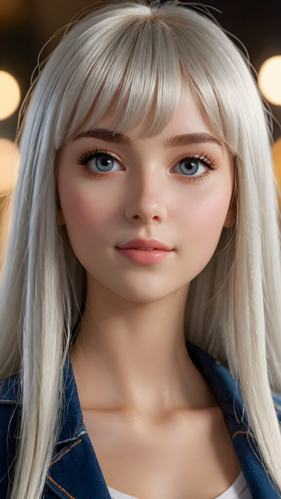 capture an (((ultra detailed, hyper realistic 4K dynamic photograph))), showcasing a (((teen doll girl))) with intricate, (((straight, platinum white bangs))), detailed eyes, and a joyful expression looking directly into the camera. Her hair flows softly around her face, framing a flawlessly curved silhouette, while (soft, warm) 4K cinematic lighting complements her vivid features. She wears a sleek, cropped top