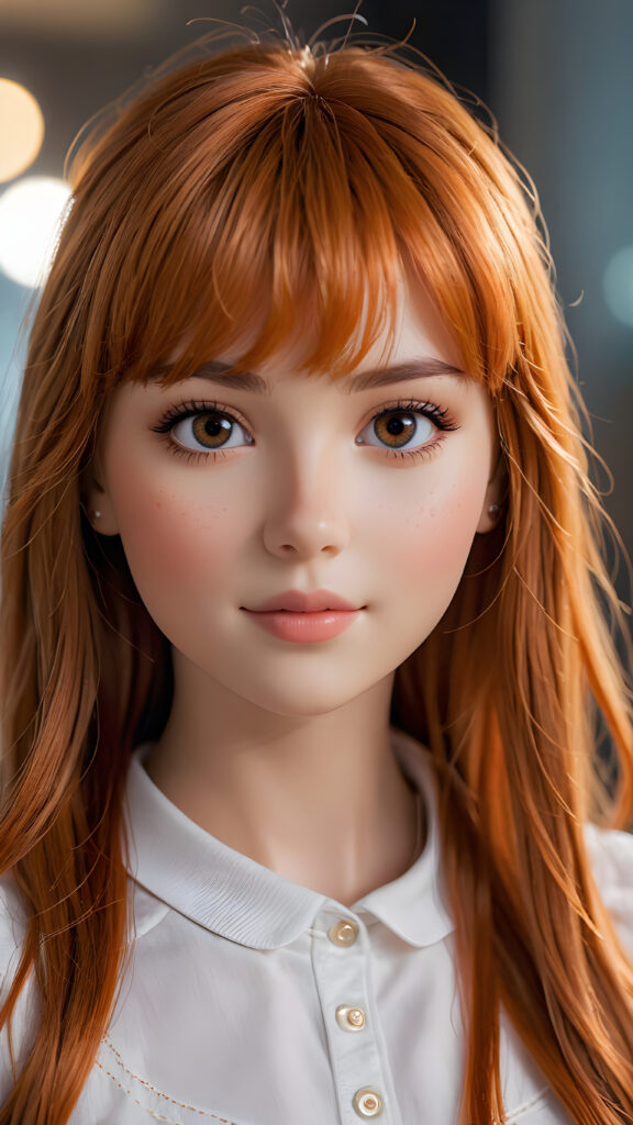 capture an (((ultra detailed, hyper realistic 4K dynamic photograph))), showcasing a (((very cute teen doll girl))) with intricate, (((straight, orange-hued bangs))), detailed eyes, and a joyful expression looking directly into the camera. Her hair flows softly around her face, framing a flawlessly curved silhouette, while (soft, warm) 8K cinematic lighting complements her vivid features. She wears a sleek, cropped top in a crisp, (side profile)