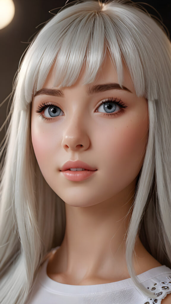 capture an (((ultra detailed, hyper realistic 4K dynamic photograph))), showcasing a (((teen doll girl))) with intricate, (((straight, platinum white bangs))), detailed eyes, and a joyful expression looking directly into the camera. Her hair flows softly around her face, framing a flawlessly curved silhouette, while (soft, warm) 4K cinematic lighting complements her vivid features. She wears a sleek, cropped top