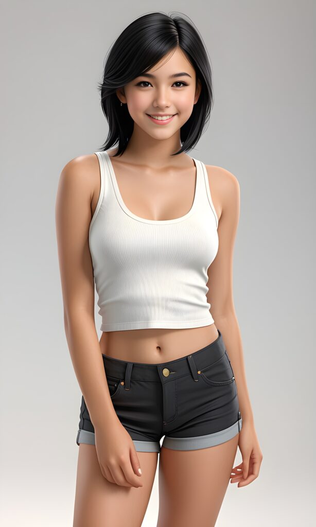 capture an (((ultra realistic portrait))) of a (((young teenage girl))) who exudes (((cuteness, gorgeousness, and stunningness))). She is posed in a (((super short form-fitting low cut thin (tank top)))) and (((super short pants))), facing the camera with a (((warm smile))), her (((realistic detailed straight black hair)) flowing softly around her)