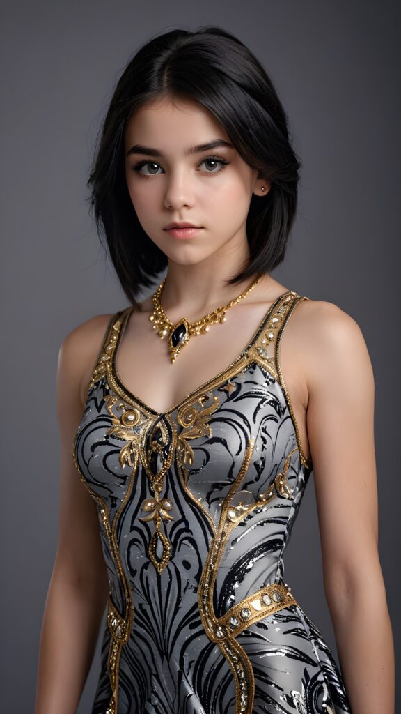 illustrate (((a teen girl))), a style combining semi-realism and fantasy, with luxurious, jet-black hair and a sleek, muscular figure dressed in a form-fitting, gold-embellished dress that reflects the intricate patterns of her hypnotic eyes ((grey empty background))