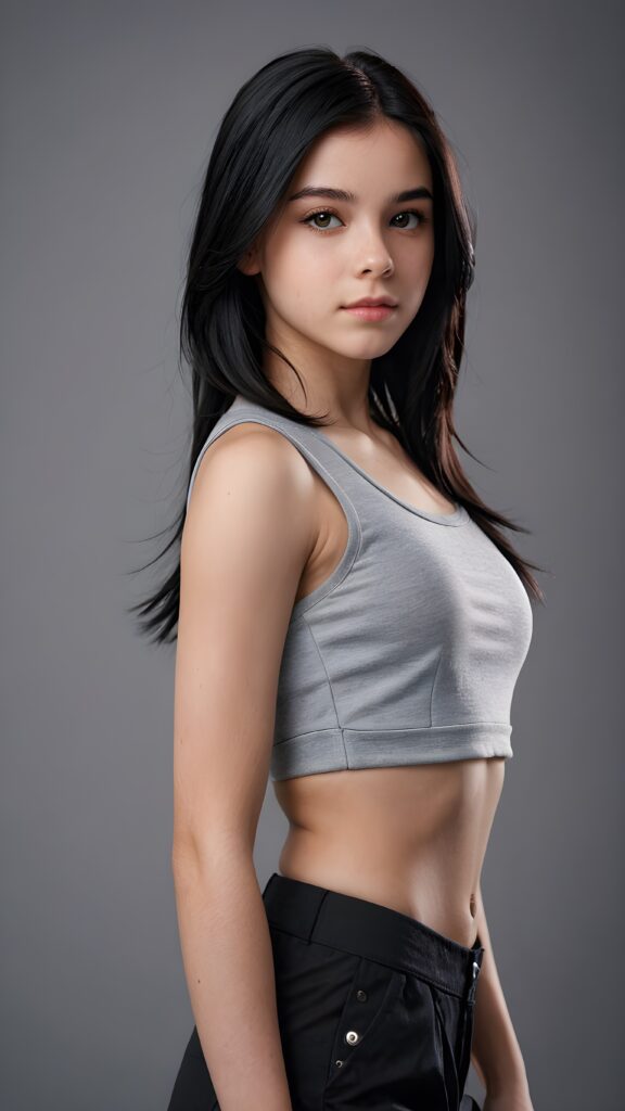 illustrate (((a teen girl))), a style combining semi-realism and fantasy, with luxurious, jet-black hair and a sleek, muscular figure lightly dressed, ((grey empty background))