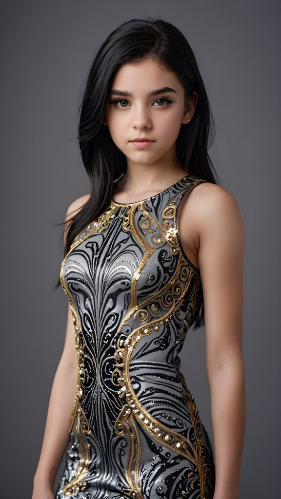 illustrate (((a teen girl))), a style combining semi-realism and fantasy, with luxurious, jet-black hair and a sleek, muscular figure dressed in a form-fitting, gold-embellished dress that reflects the intricate patterns of her hypnotic eyes ((grey empty background))