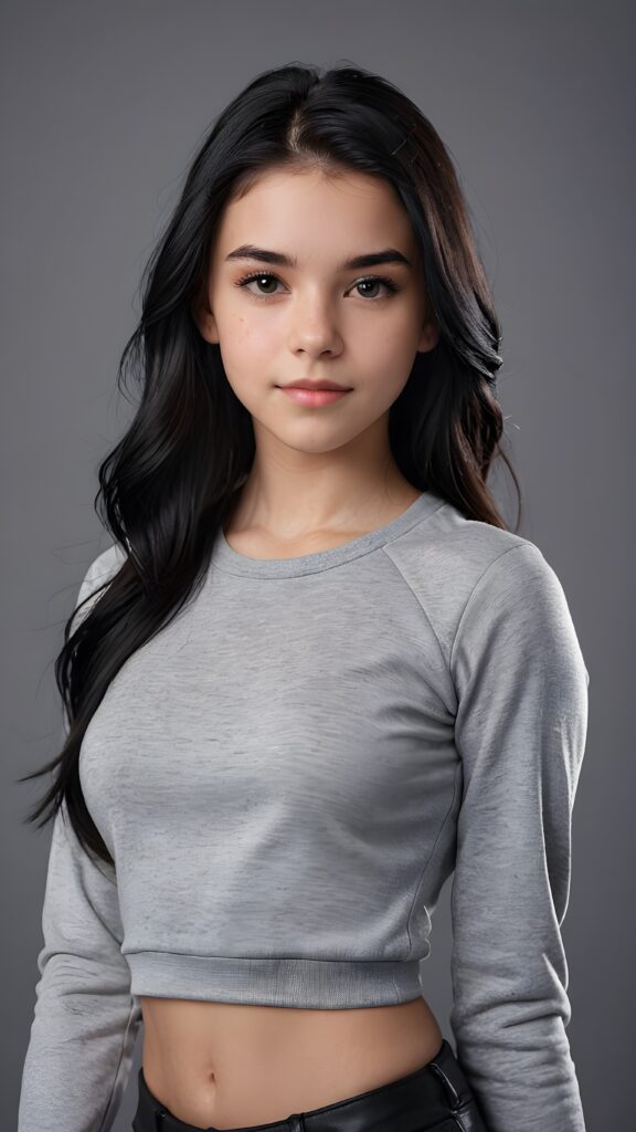 illustrate (((a teen girl))), a style combining semi-realism and fantasy, with luxurious, jet-black hair and a sleek, muscular figure lightly dressed, ((grey empty background))