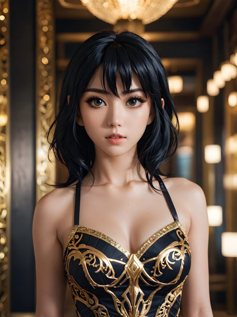 Illustrate the (((anime-inspired Most Beautiful Woman on Earth))), a style combining semi-realism and fantasy, with luxurious, jet-black hair and a sleek, muscular figure dressed in a form-fitting, gold-embellished dress that reflects the intricate patterns of her hypnotic eyes