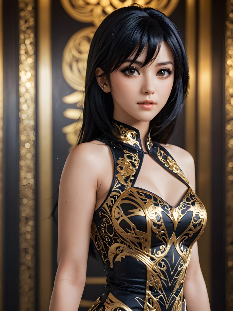 Illustrate the (((anime-inspired Most Beautiful Woman on Earth))), a style combining semi-realism and fantasy, with luxurious, jet-black hair and a sleek, muscular figure dressed in a form-fitting, gold-embellished dress that reflects the intricate patterns of her hypnotic eyes