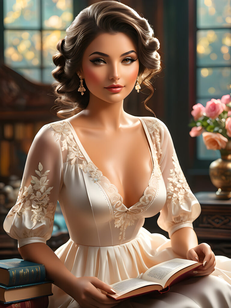 imagine a serene setting where a woman sits comfortably, leaning forward with a book open in her hands, creating a delicate (((downblouse view))). Her posture exudes grace and poise, as if lost in thought, amidst a softly diffused glow that accentuates the curve of her figure. The overall atmosphere is one of understated elegance, inviting viewer to appreciate the simple pleasures of life