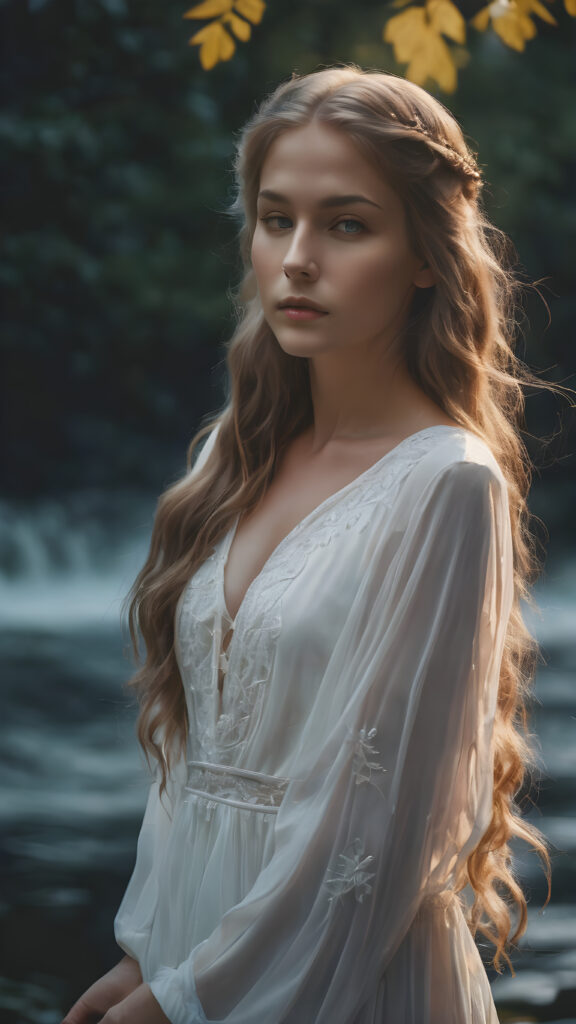 Visualize a (((dream girl))) with flowing hair and a mysterious aura, dressed in soft, ethereal colors against a (((tranquil dark backdrop))), evoking a sense of unreal beauty