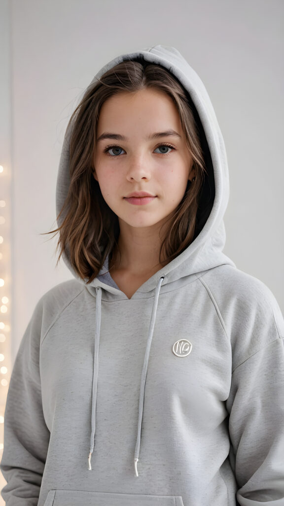 visualize a (((young teen girl))) dressed in a (vividly gray hoodie), standing confidently against a (magnificent white backdrop) that suggests tranquility and serenity