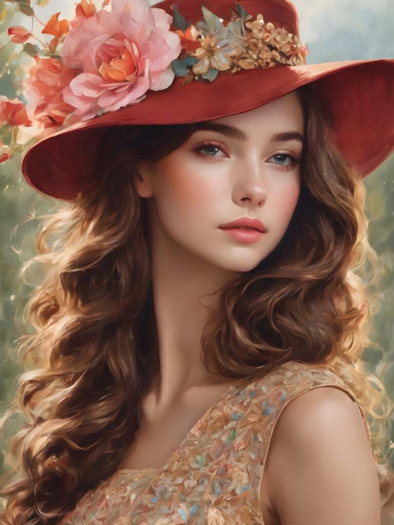 visualize a (((beautiful teen girl with long, wavy brown hair))), dressed in a flowy, red dress adorned with iridescent details that elegantly swirl as she twirls, accessorized with a striking (((big hat))) featuring flowers, pearls, and feathers, set against a backdrop of (vintage-inspired paper) with blush, white, and gold tones, sprinkled with mauve roses, butterflies, and delicate rosebuds, elaborate details and intricate patterns along the edges of the page