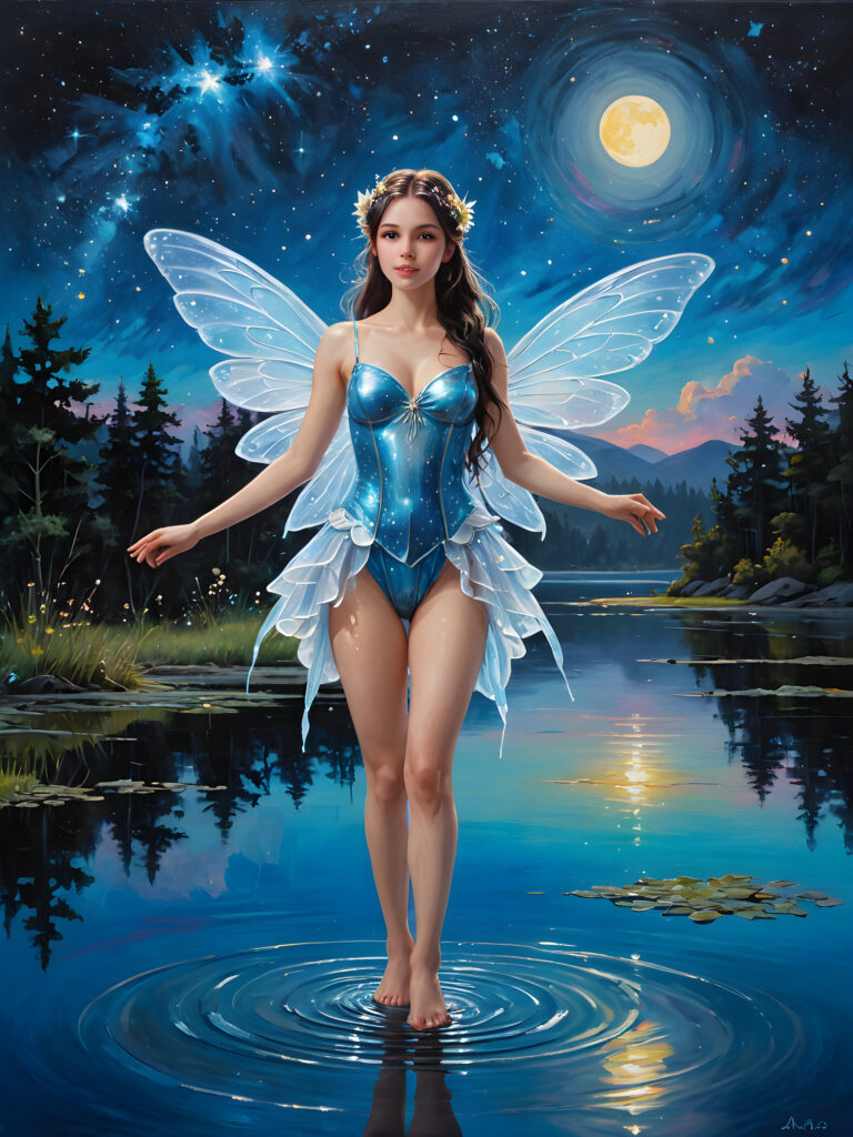 Visualize a (((sweet and young lunar fairy))), standing in a (((shallow lake))), with a figure that exudes an ethereal perfection. The sky above is suffused with a soft (((blue))) hue, contrasted by (((black))) streaks, while a canvas of twinkling (((stars))) sprinkle the expanse. The fairy's wings span as large as her body and shimmer in a (rainbow spectrum)